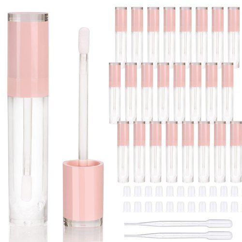 COSIDEA 26 pcs Refillable Empty 8ml Lip Gloss Tubes with clear Wand，Round Pink Lipgloss Containers，DIY cosmetic packing Container Bulk Wholesale
