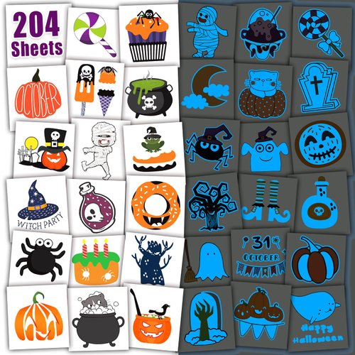 Leesgel 204 PCS Halloween Temporary Party Tattoos for Kids, Glows Pumpkin/Skull/Ghost/Witch Fake Tattoo Sticker, Birthday Party Decorations Favors Party Supplies Goodie Bag Fillers