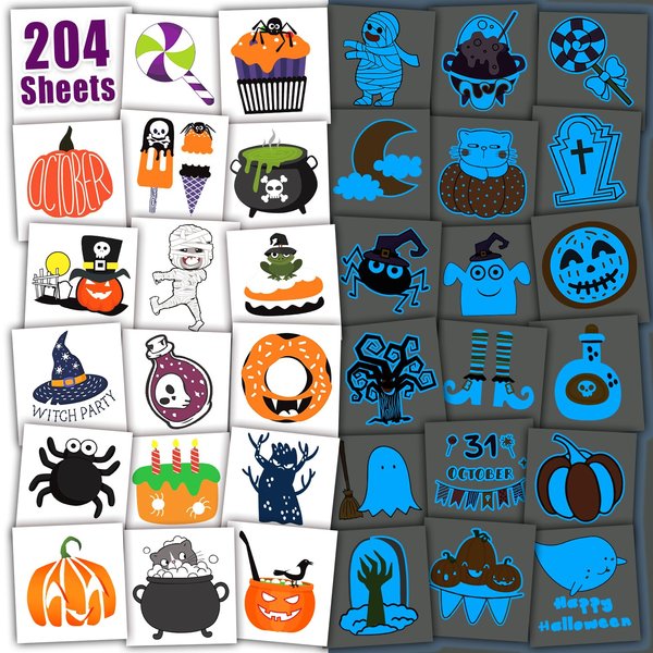 Leesgel 204 PCS Halloween Temporary Party Tattoos for Kids, Glows Pumpkin/Skull/Ghost/Witch Fake Tattoo Sticker, Birthday Party Decorations Favors Party Supplies Goodie Bag Fillers