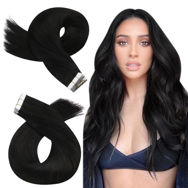 Moresoo Black Tape in Human Hair Extensions Seamless Tape in Extensions Natural Black Tape in Hair Extensions Real Human Hair Black Hair Extensions Tape in Real Hair 20 Inch #1B 20pcs 50g