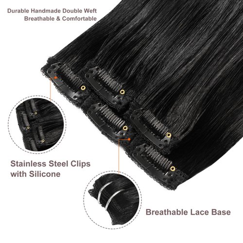 FUBILI Clip in Hair Extensions for Women Double Weft Thickened Silky Long Straight Real Human Hair 20Inch Jet black 30g 5pcs Remy Hair Extensions