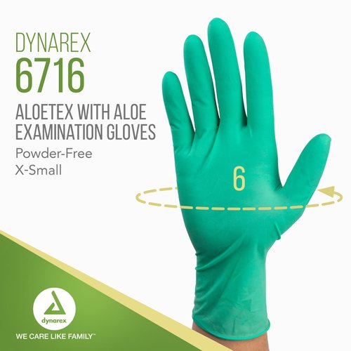 Dynarex Aloetex Latex Aloe Disposable Exam Gloves, Powder Free, Aloe Vera Gloves for Dry Hands, Used in Healthcare, Cleaning, Food Service, Green Latex Gloves, Extra-Small, 1 Box of 100 Gloves