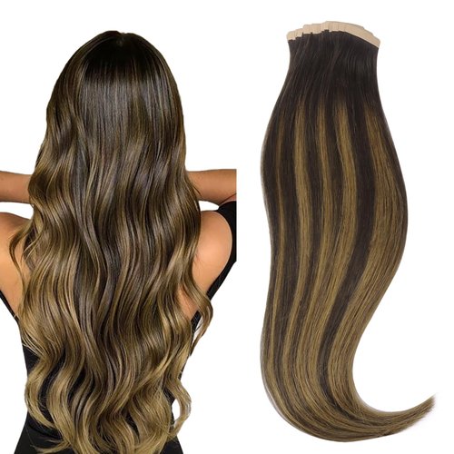 HOTBANANA Tape in Hair Extensions, 22 Inch 20pcs 50g Balayage Dark Brown Mixed Chestnut Brown Tape in Hair Extensions Human Hair Tape Hair Extensions Straight Remy Human Hair Tape in Extensions