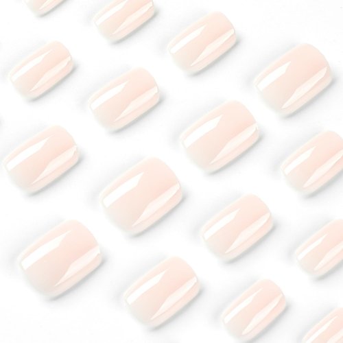 Nude Press on Nails Short Fake Nails Solid Color False Acrylic Nails Full Cover Glossy Reusable Stick on Nails Simple Fashionable Glue on Nails for Women Girls Work Life Nail Supplies Decorations24pcs