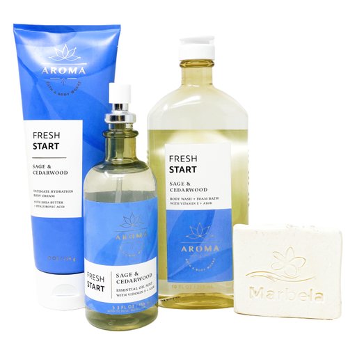 Bath & Body Works Aromatherapy Fresh Start Sage & Cedarwood - Trio Gift Set - Body Cream, Body Wash and Essential Oil Pillow Mist with a Natural Oats Sample Soap.