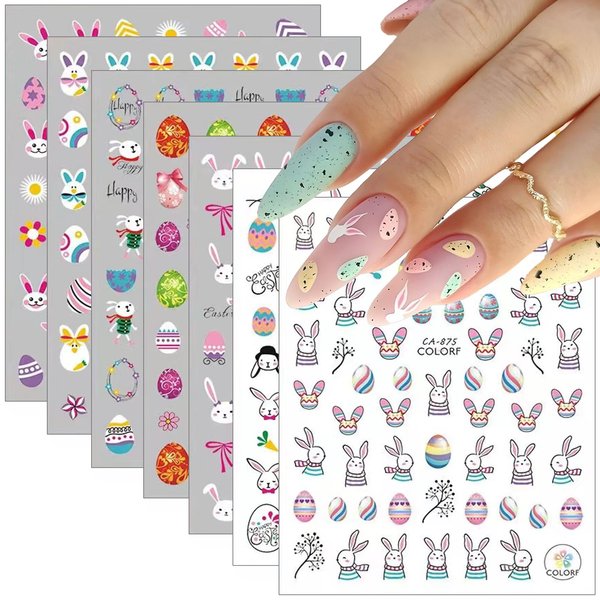 8 Sheets Easter Rabbit Nail Art Stickers Decals,3D Self-Adhesive Nail Art Accessories Cartoons, Rabbits, Animals,Flowers,Designs Sticker Lovely Retro Rabbit Manicure DIY Nail Decorations