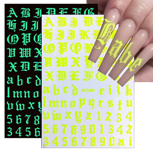 8 Sheets Old English Nail Sticker 3D Self-Adhesive Pegatinas Uñas Old Alphabet Nail Decals Holographic English Font Letters Metallic Gold Silver Black White Alphabet Design Nail Art Supplies for Women