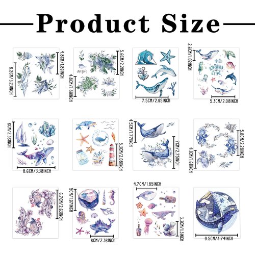Fssqii 120 Styles Ocean Animals Temporary Tattoos for Kids 12 Sheets Fake Sea Animal Tropical Marine Fish Shark Dolphin Waterproof Tattoo Stickers for Girls Boys Body Fashion Cute Tattoo Stickers