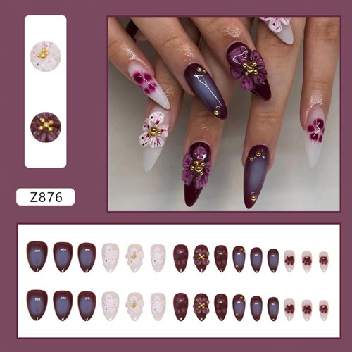 Tyuimhx 3D Flowers Press on Nails Short Almond Fake Nails With Gold Pearls Cat Claws Designs Gradient False Nails Full Cover Stick on Nails Acrylic Artificial Nails for Women Glue on Nails 30Pcs