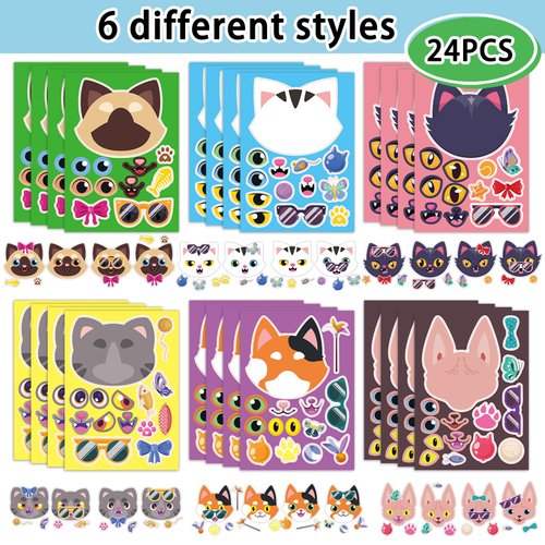 24 Sheets 8.3''×5.9'' Make Your Own Cat Stickers for Toddlers Kids Party Favors, Make a Face Stickers for Kids Activities Supplies Crafts
