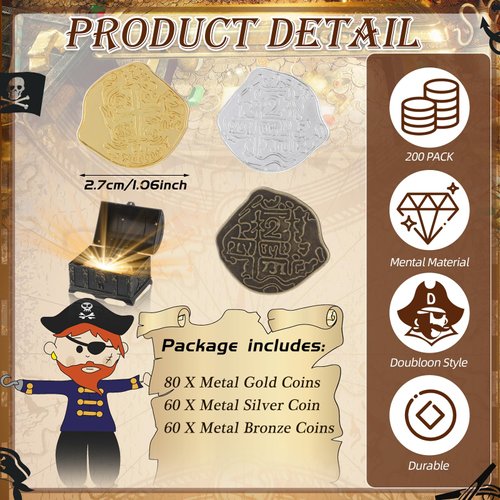 Hanaive 200 Pcs Metal Pirate Coins Set, Pirate Gold Coins Treasure Chest Spanish Doubloon Fake Coins Tokens for Boys and Girls Board Games Pirate Party Cosplay (Gold, Silver, Bronze)