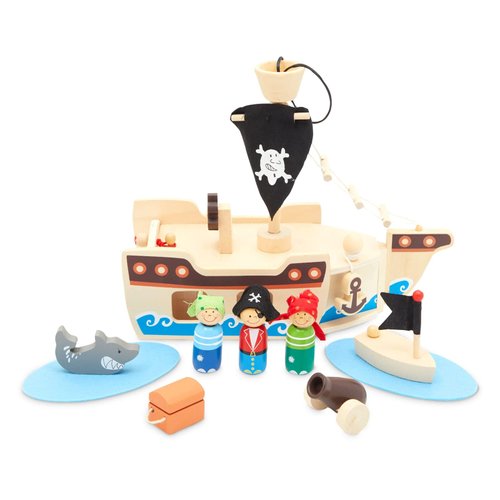 BLUE PANDA Wooden Pirate Ship for Kids - Pirate Toys Playset with Pirate Boat and Shark Figurines - Wooden Pirate Ship Toy - 11 Pieces of Wooden Toy Pirate Ship - Pirate Playset Ship