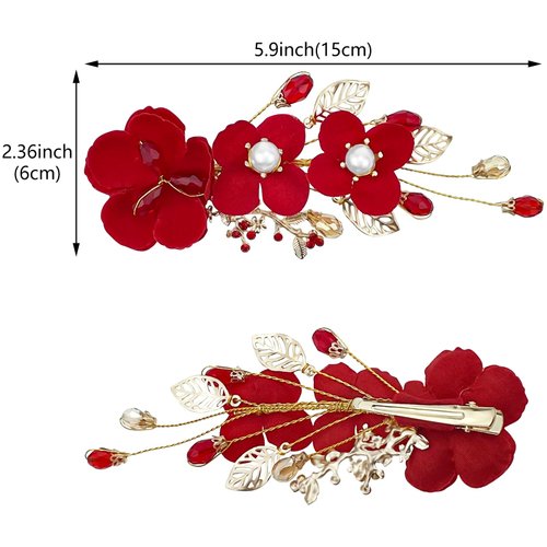 2 Pcs Red Flower Hair Clips Rose Floral Bridal Hairpins Crystal Pearl Flower Bride Headpiece Red Wedding Accessories for Women Girls Halloween Chrismas Party Prom