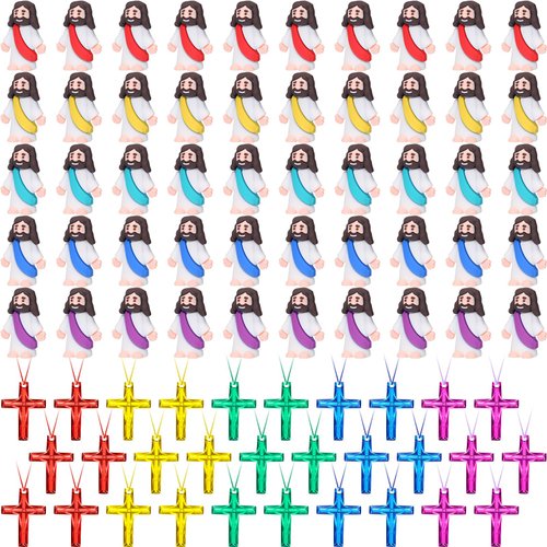 Barydat 100 Pcs Jesus Toys 50 Mini Jesus Figurines Little Jesus Doll 50 Religious Crystal Cross Necklace Plastic Cross Necklace for Easter Eggs Stuffers Sunday School Church Religious Party Supplies