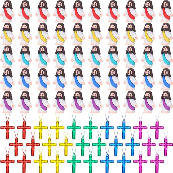 Barydat 100 Pcs Jesus Toys 50 Mini Jesus Figurines Little Jesus Doll 50 Religious Crystal Cross Necklace Plastic Cross Necklace for Easter Eggs Stuffers Sunday School Church Religious Party Supplies