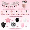 Two Cool Dude Pink Smile-Theme Birthday Party Decoration Set, Two Cool Girl Second Birthday Banner Cake Toppers Pink White Black Checker Balloons for Two Happy Face Party Supplies