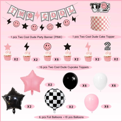 Two Cool Dude Pink Smile-Theme Birthday Party Decoration Set, Two Cool Girl Second Birthday Banner Cake Toppers Pink White Black Checker Balloons for Two Happy Face Party Supplies