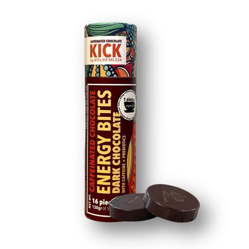 KICK 70% Dark Chocolate Energy Bites (16 bites) - Caffeine Boost, Prebiotic Enhanced, Artisan Crafted