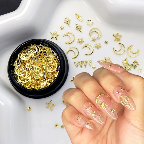 2 Box Gold Star Moon Nail Charms 3D Metallic Nail Art Studs Gold Charms for Nails Jewelry Decorat...