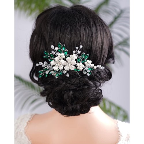 Teyglen Crystal Bride Wedding Hair Comb Vintage Green Flower Rhinestones Side Comb Shiny Hair Pieces Headpieces with Pearl Bridal Hair Accessories for Women Bride Girl(Green)