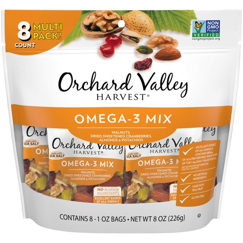 Orchard Valley Harvest Omega 3 Mix, 1 Ounce Bags (Pack of 8) Walnuts, Cranberries, Almonds, and Pistachios
