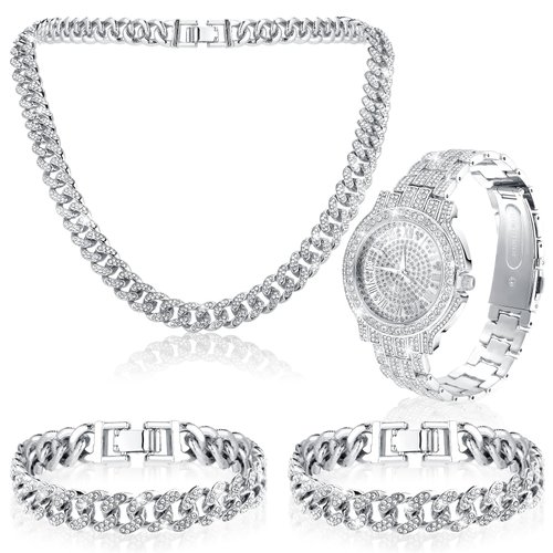 Huquary 4 Pcs Hip Hop Jewelry Set Cuban Link Chains Bling Rhinestone Watch for Man Artificial Diamond Necklace Bracelet Watch(Silver)