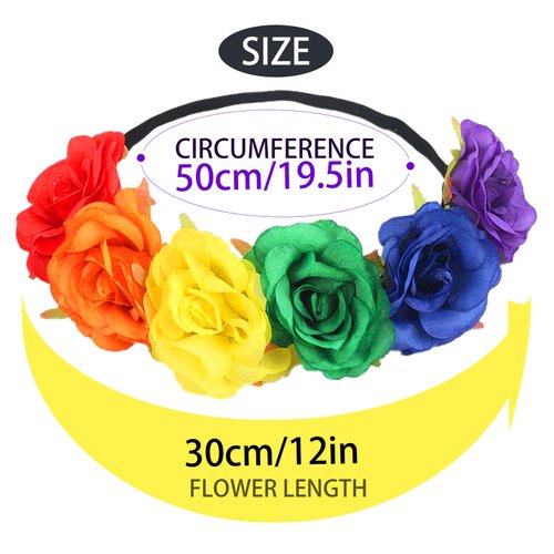 Rainbow Flower Headband Gay Pride Stuff Accessories for Women Girls Rose Flower Crown Floral Hair Wreath for LGBTQ Bisexual BOHO Garland Party Decorations