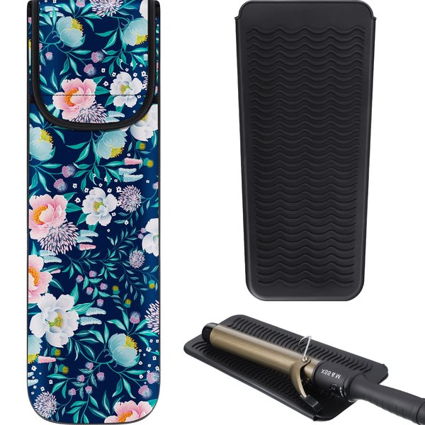 Shappy 2 Pieces Flat Iron Case Heat Resistant Travel Bag Curling Iron Case Cover Hot Iron Holder Neoprene Straightener Holder and Silicone Hot Tools Flat Iron Travel Sleeve(Flower Style)