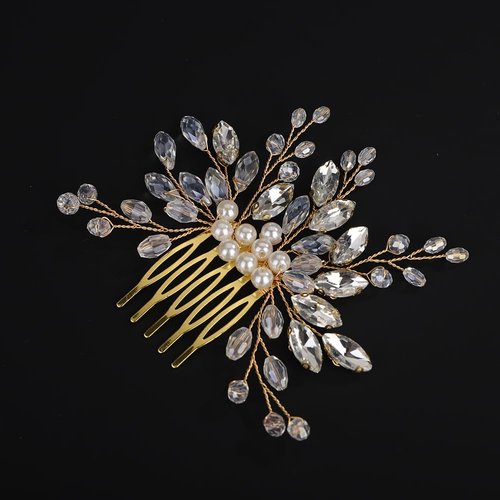 BERYUAN Bridal Pearls Rhinestone Hair Comb Pearls Rhinestone Beads Side Comb Silver Gold Wedding Headpiece Handmade Pearls Wedding Hair Comb for Women (gold)