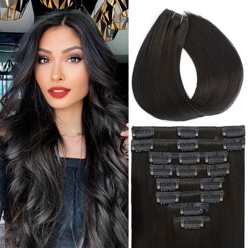 Clip in Hair Extensions Real Human Hair Straight Hair 100% Human Hair Extensions Brazilian Remy Human Hair Clip in Hair Extensions 8pcs with 18Clips 70g Double Weft Handmade 18Inch,#1B Natural Black