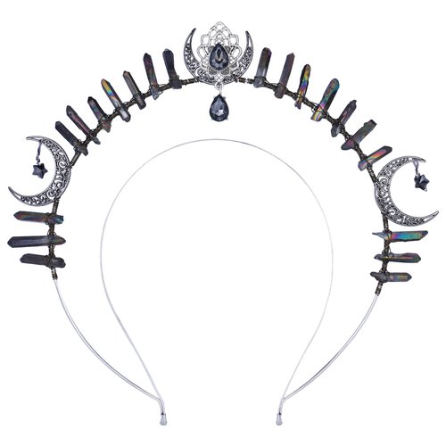 COSUCOS Goddess Halo Crown Headpiece - Black Moon Star Headband Gothic Wedding Quartz Crystal Tiara for Carnival Cosplay Party Festival Photoshoot Halloween Headdress