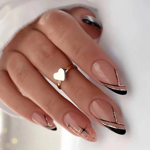 24Pcs Medium Long French Tip Press on Nails Almond Shaped Nude Pink Black Star Fake Nails Glitter Design Nail Decorations Full Cover Artificial Glue on Nails for Women Girls DIY Acrylic Nails Manicure