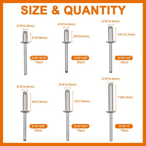 ISPINNER 100pcs 6 Sizes Aluminum Blind Rivets, Pop Rivets Assortment Kit 3/16" x (5/16" 3/8" 1/2" 5/8" 3/4" 1")(Silver)