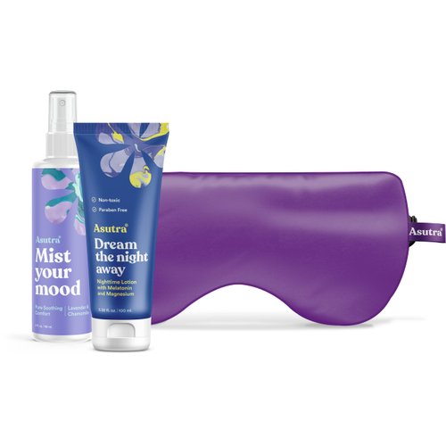 ASUTRA Dorm Set Bundle, 3 Products – Purple Silk Eye Mask Filled with Lavender and Flax Seeds, Melatonin Lotion with Magnesium and Shea Butter, Lavender and Chamomile Aromatherapy Mist