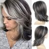 SEVENCOLORS Dark Grey Layered Wigs for Women Medium Length Gray Mixed White Wigs with Curtain Bangs Synthetic Hair Short Wavy Bob Wigs