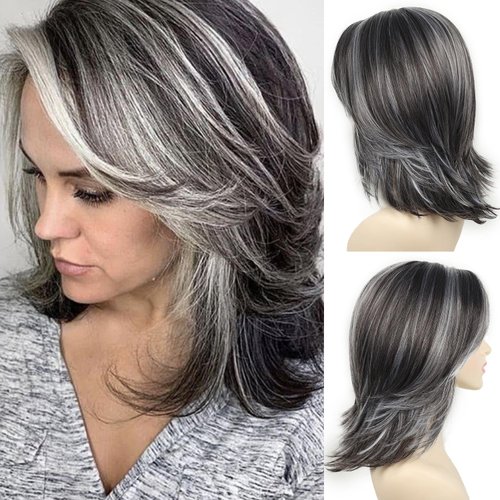SEVENCOLORS Dark Grey Layered Wigs for Women Medium Length Gray Mixed White Wigs with Curtain Bangs Synthetic Hair Short Wavy Bob Wigs