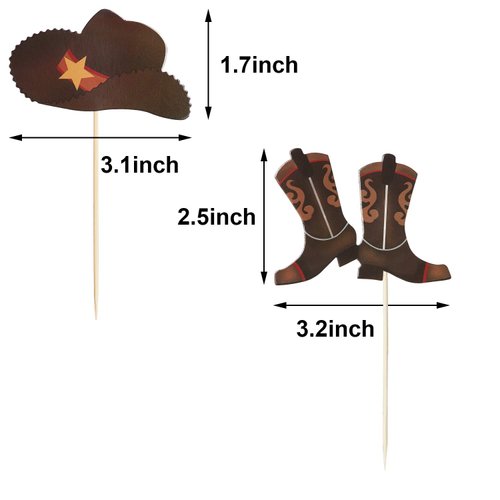 60 Pieces Cowboy or Cowgirl Hat and Boot Cupcake Toppers Western Birthday Cake Decorations Rodeo Cupcake Picks Baby Shower Toothpicks for Western Theme Party Favors Supplies (Brown)