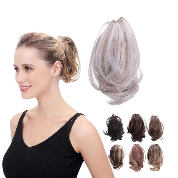 JUVABUN Claw Clip Wavy Ponytail Extension 7" -Platinum Blonde| Hair Extension Clips | Ponytail Extension Human Hair | Wavy Hair Extensions | Washable Realistic And Synthetic |Platinum Blonde