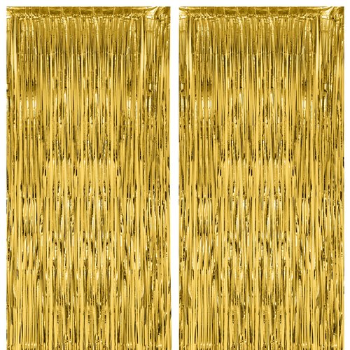 Voircoloria 2 Pack Gold Foil Fringe Backdrop Curtains, Tinsel Streamers Birthday Party Decorations, Fringe Backdrop for Graduation, Baby Shower, Gender Reveal, Disco Party