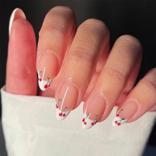 LBPEPAMZ White French Tip Press on Nails Medium Almond False Nails Glossy Nude Pink Artificial Nails Cute Cherry Fake Nails Exquisite Handmad Summer Glue on Nails for Women Girls Daily Wear in 24PCS