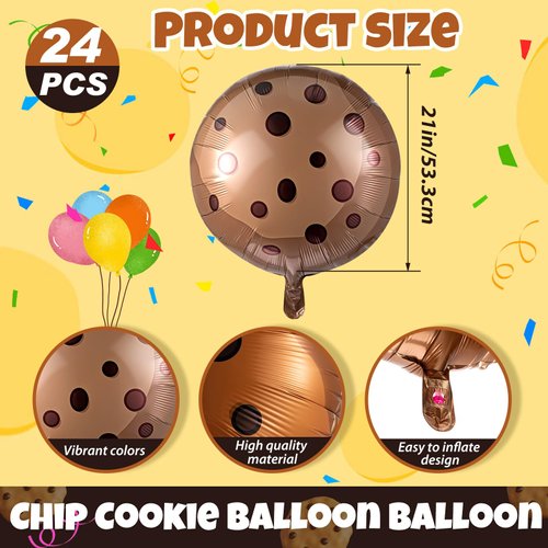 RoundFunny 24 Pcs 21 Inch Chocolate Chip Cookie Balloons Foil Party Balloons Bulk Balloons Decor for Birthday Party Baby Shower Theme Decorations Supplies (Chocolate Cookie)