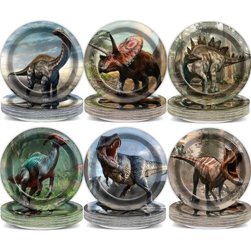 Naozinebi 72PCS Dinosaur Birthday Plates Dinosaur Party Supplies Dino World Tableware Tropical Jungle Plates Disposable Paper Plate Dessert Plates for Boys Girls Kids Baby Shower Favors 6.7 * 6.7inch