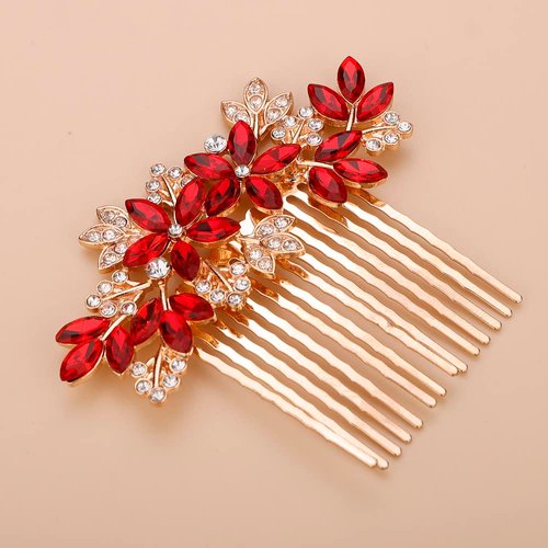 Teyglen Women's Dainty Silver Gold Rhinestones Hair Comb - Luxurious Hair Accessories with Shiny Red Blue Rhinestones, Bridal Side Hair Combs for Women Bride Girls (Gold, Red)