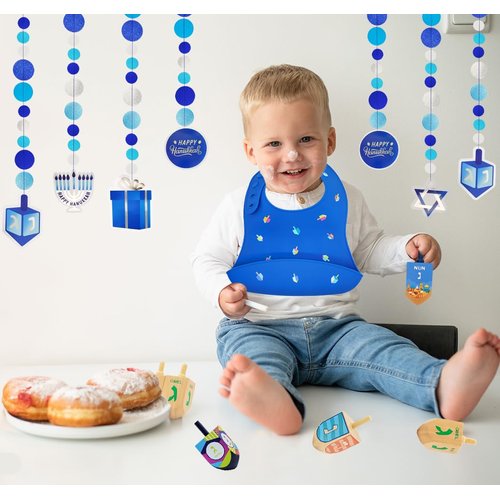 Hanukkah Baby Bib Silicone, Cute Baby Bibs for Babies & Toddlers, Unisex, Non Messy (Dreidel Design)