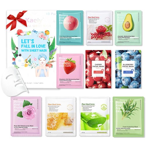 Kaely 10 Pack Variety Sheet Masks,Spa Face Masks for Kids Skin Care,Facial Mask Skincare Set Korean,Moisturize,Brighten,Nourish for All Skin Types,Birthday Gifts for Women Men Boys Girls,Set02