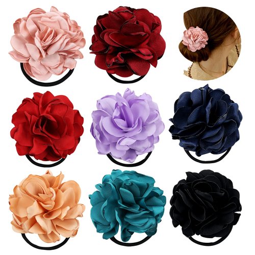 Lawie 8 Pack Colorful Handmade Camellia Flower Hair Ties Floral Hair Bows Elastics Rubber Bands Fancy Hair Flowers Ribbons Headband Ring Scrunchies Ponytail Holders Decorative Accessories for Women
