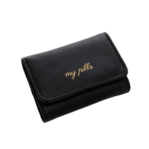 Miamica Snap Closure “My Pills ” Pill Case with 8-Day Removable Plastic Medicine Organizer, Black, 3.5” L x 4.6” W x 1.75” H – Keep Your Vitamins and Pills Organized – Compact and Sleek Pill Box