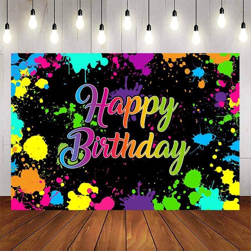 Avezano Glow Neon Birthday Backdrops Glow in The Dark Happy Birthday Party Background Decorations Colorful Graffiti Splash Paint Banner for Kids Birthday Supplies(7x5ft)