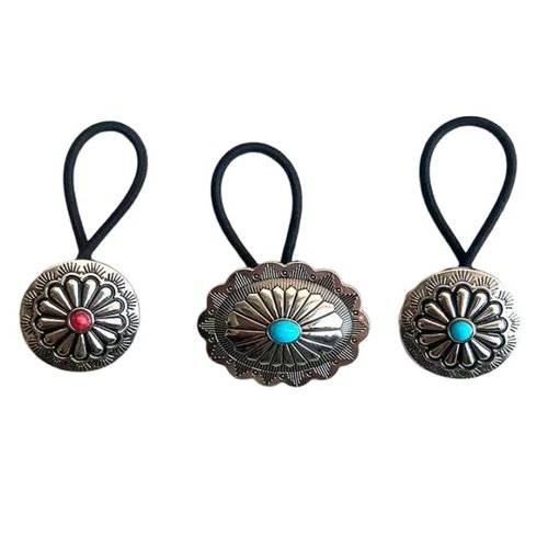 Concho Western Turquoise Squash Blossom Hairband and Tie Concho Metal Ponytail Holder Metal Hair Ties. (3 Pcs-Set) (typeA)