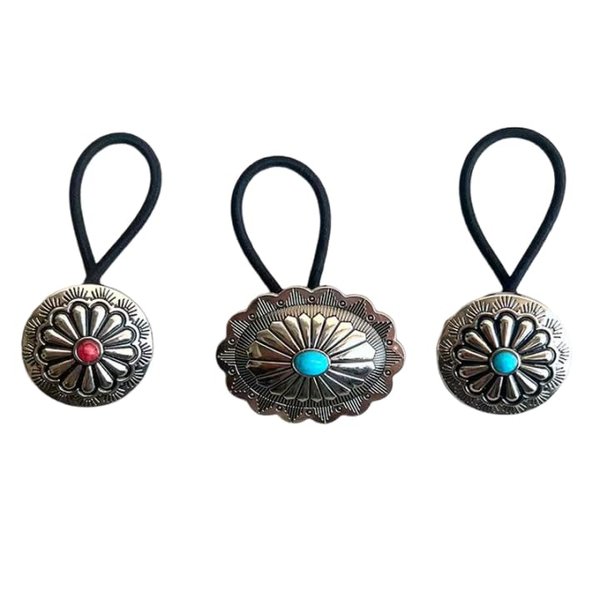 Concho Western Turquoise Squash Blossom Hairband and Tie Concho Metal Ponytail Holder Metal Hair Ties. (3 Pcs-Set) (typeA)